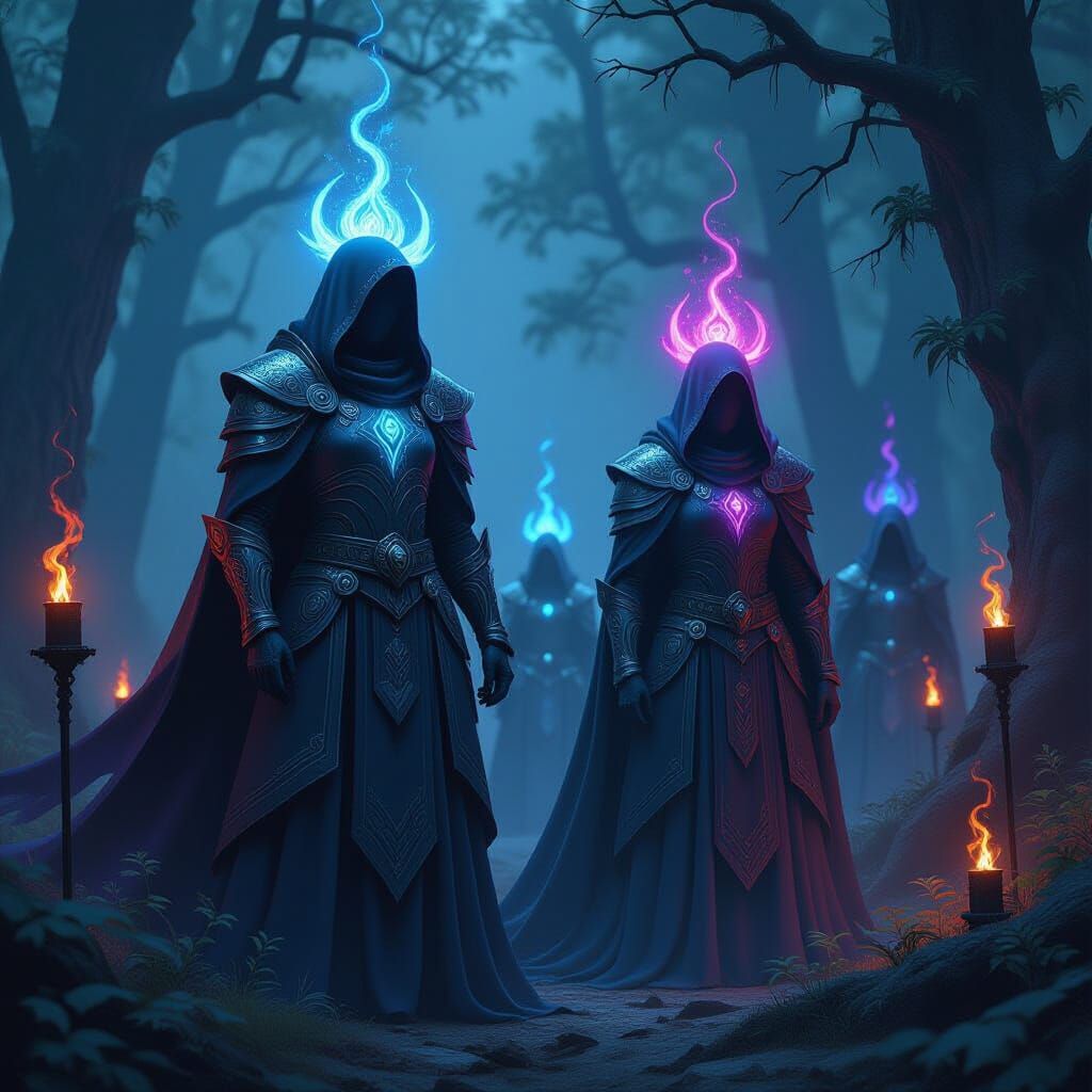 Mystical Guardians in Ethereal Armor in Forest Clearing