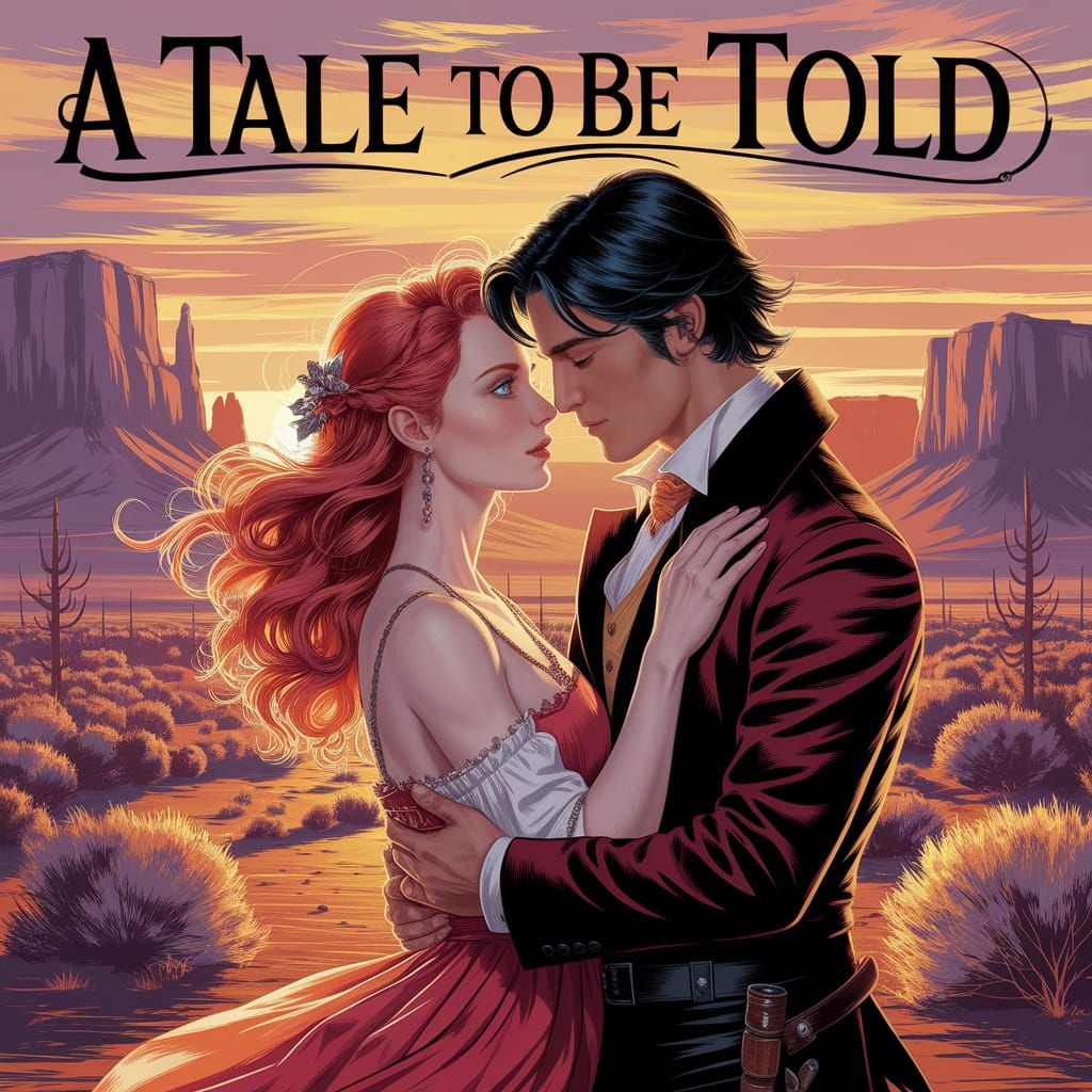 Romantic Western Embrace in Alphonse Mucha Style