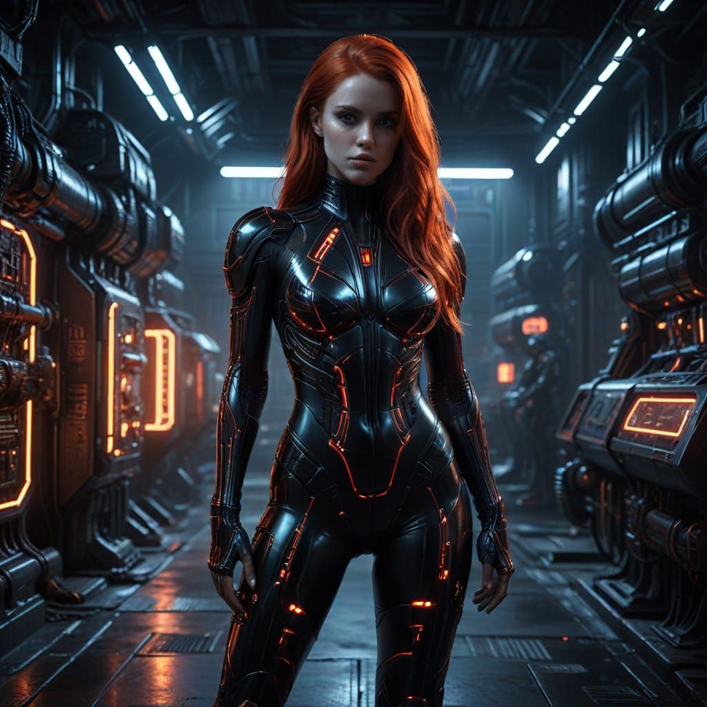 Cyberpunk Goddess in Neon-Lit Industrial Landscape