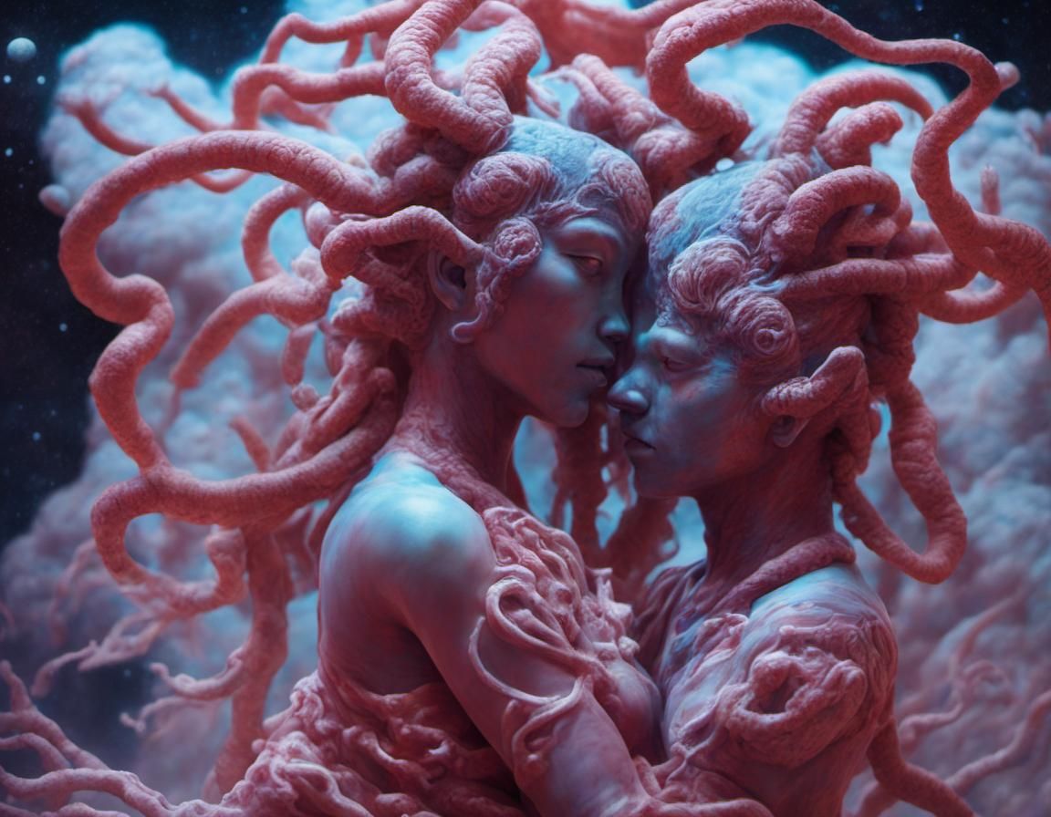 Kago Medusa Warriors Embracing in Nebulae Oil