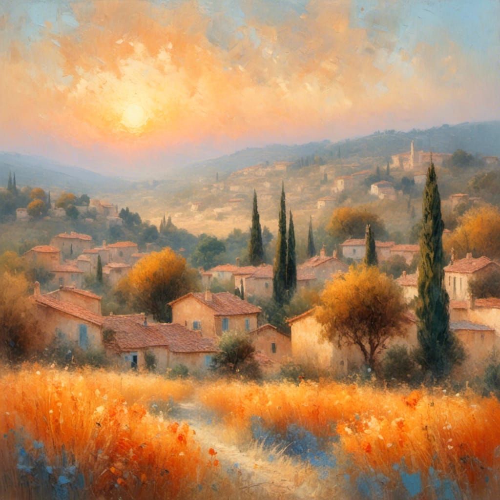Provence Sunset in Impressionist Style