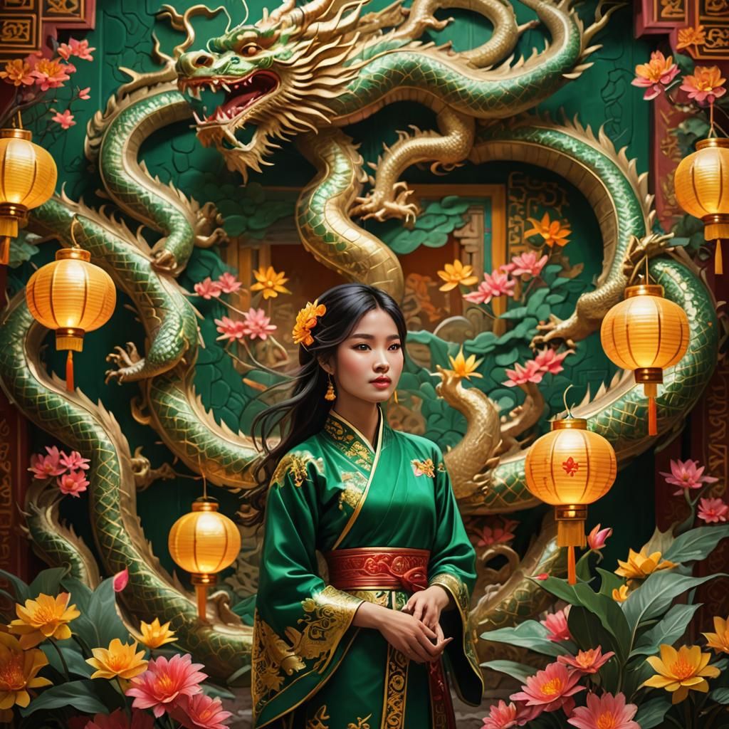 Vietnamese Woman with Dragon Lantern in Fantasy Temple