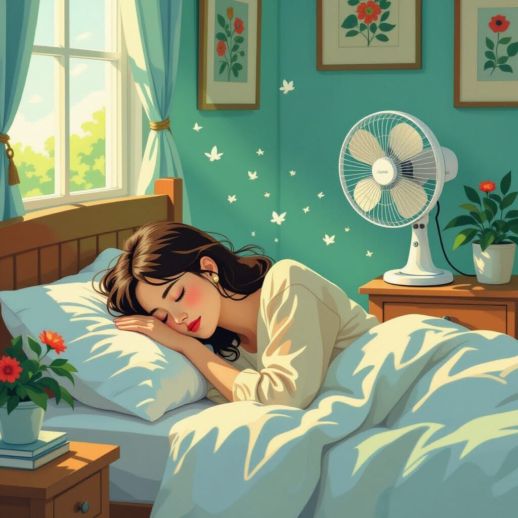 Dreamy Bedroom Scene with Eco-Fan in Miyazaki Style