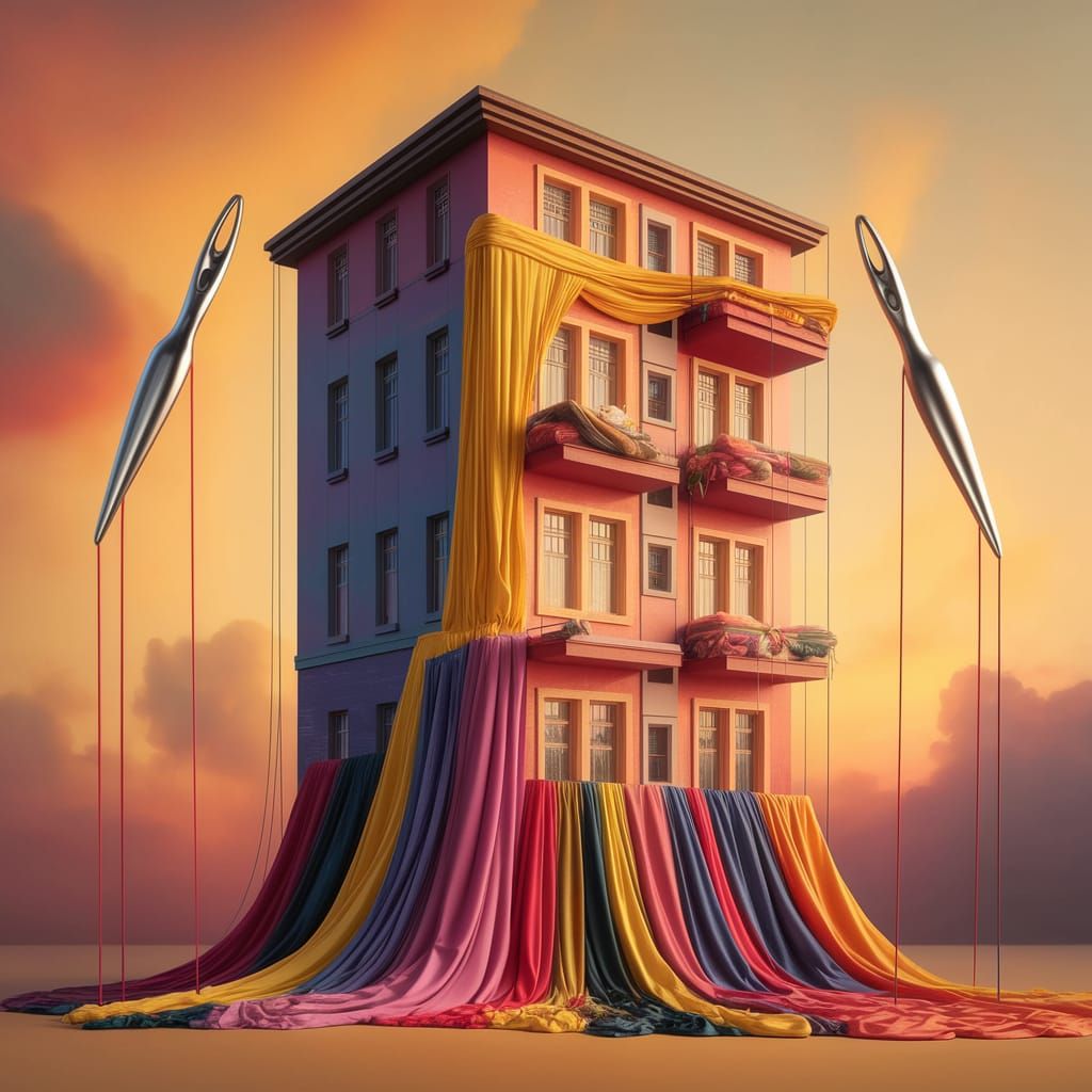 Vibrant Fabric Cityscape in Magical Realism Style