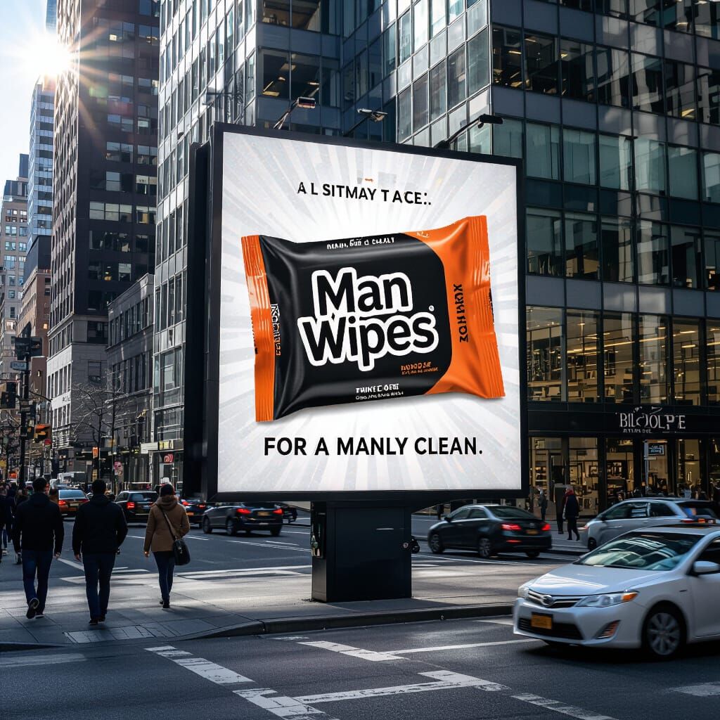 MAN WIPES Billboard in Modern City Street