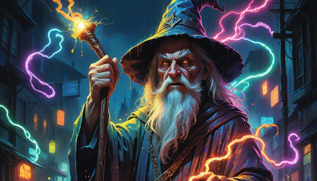 Old Wizard in Neon City Street Splash Art