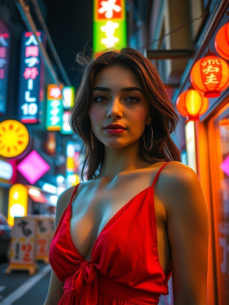 Beautiful Woman in Neon Tokyo Alley at Night