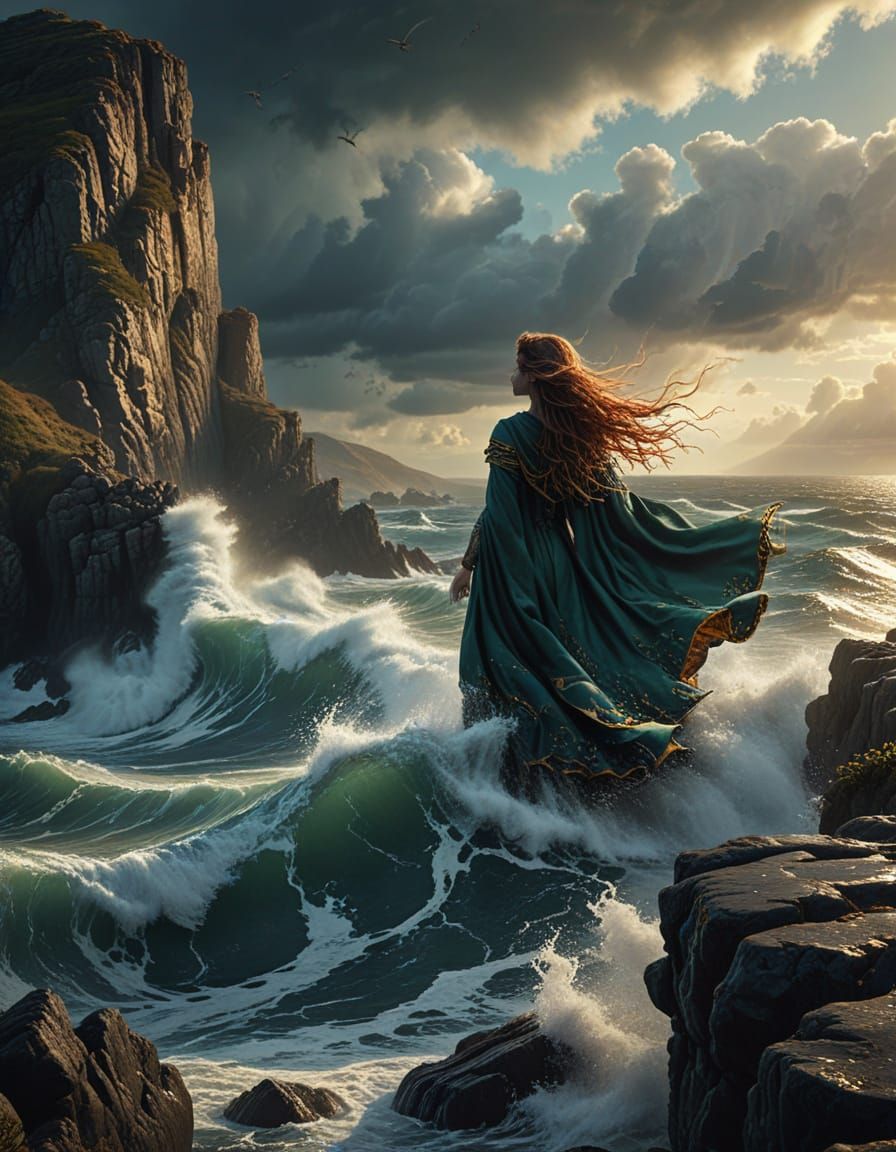 Druid Priestess at Cliff's Edge in Stormy Weather