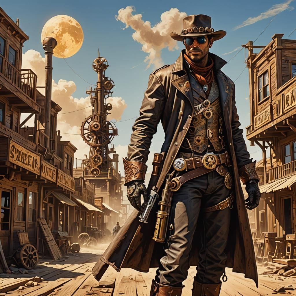 Steampunk Cowboy in Sun-scorched Western Town