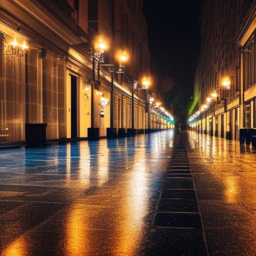 Sparkling Wet Pavement on a Rainy Night
