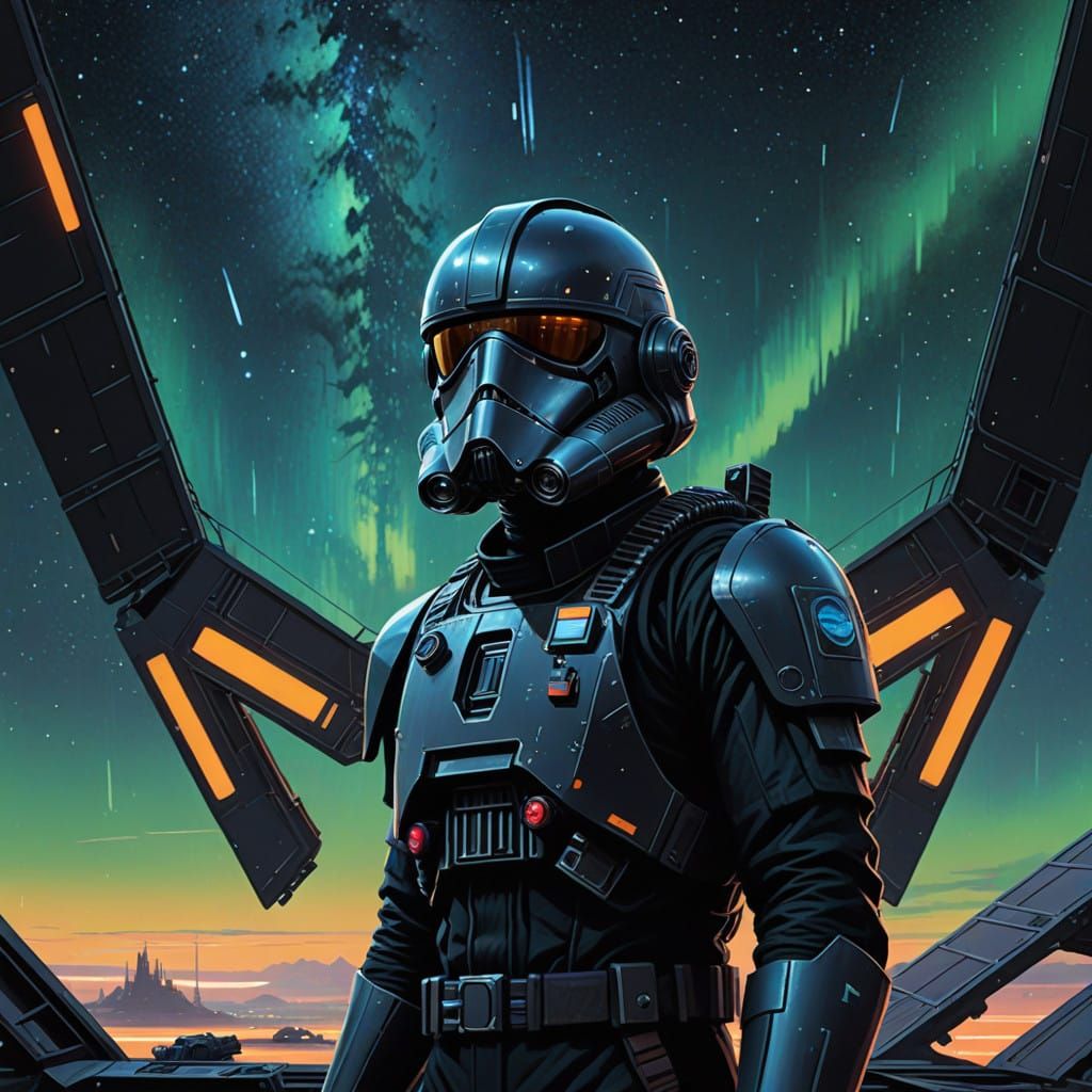 Sleek TIE Fighter Pilot Captured Against Celestial Backdrop