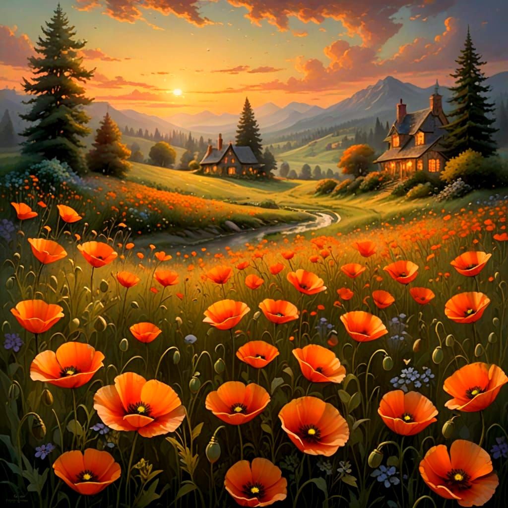 Orange Poppies in a Fantastical Landscape