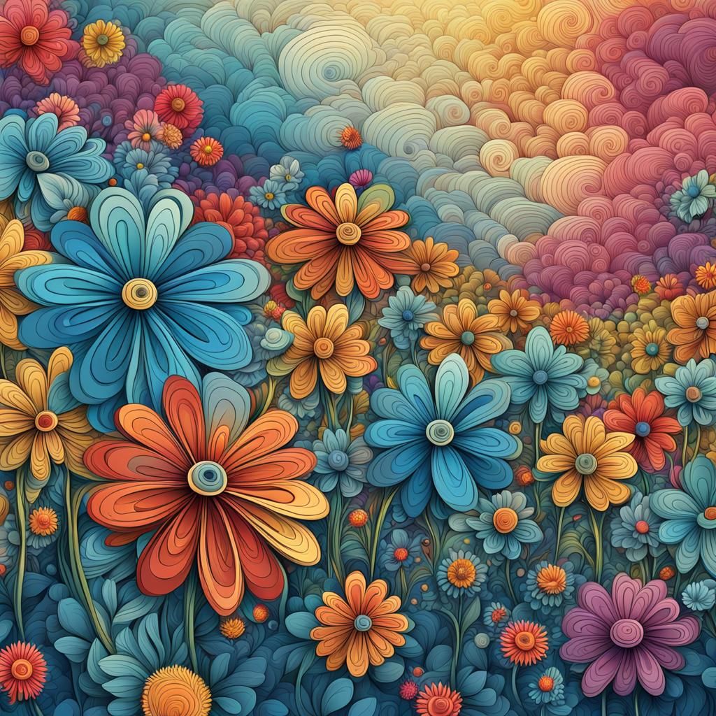 Colorful Abstract Flower Field with 3D Shading