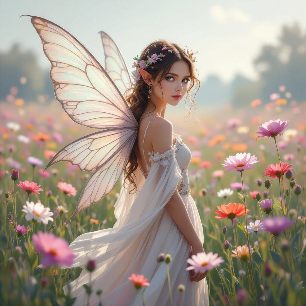 Ethereal Fairy in Flower Field: Fantasy Art