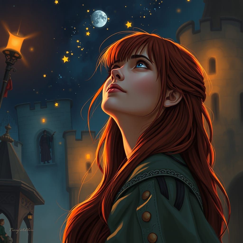 Medieval Woman Gazing at Stars, Digital Concept Art