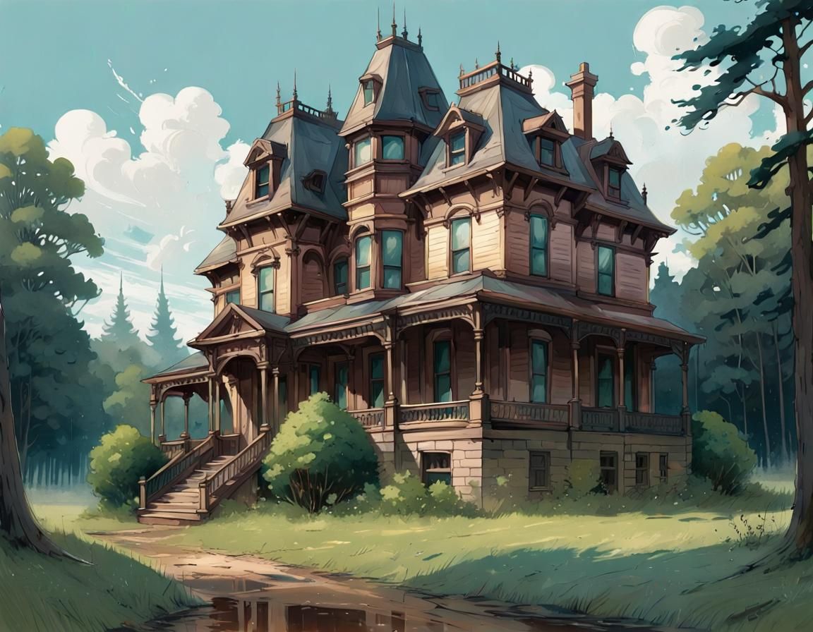 Victorian Mansion in Prairie Forest: Manga Illustration