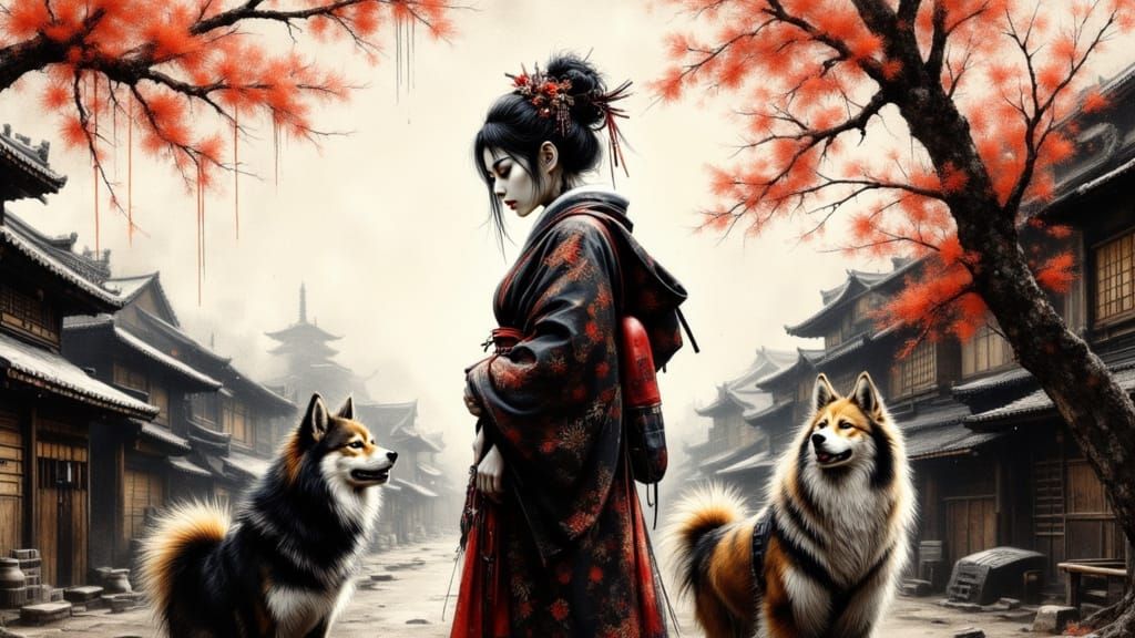 Dark Fantasy Samurai Woman with Akita Dogs in Kakunodate