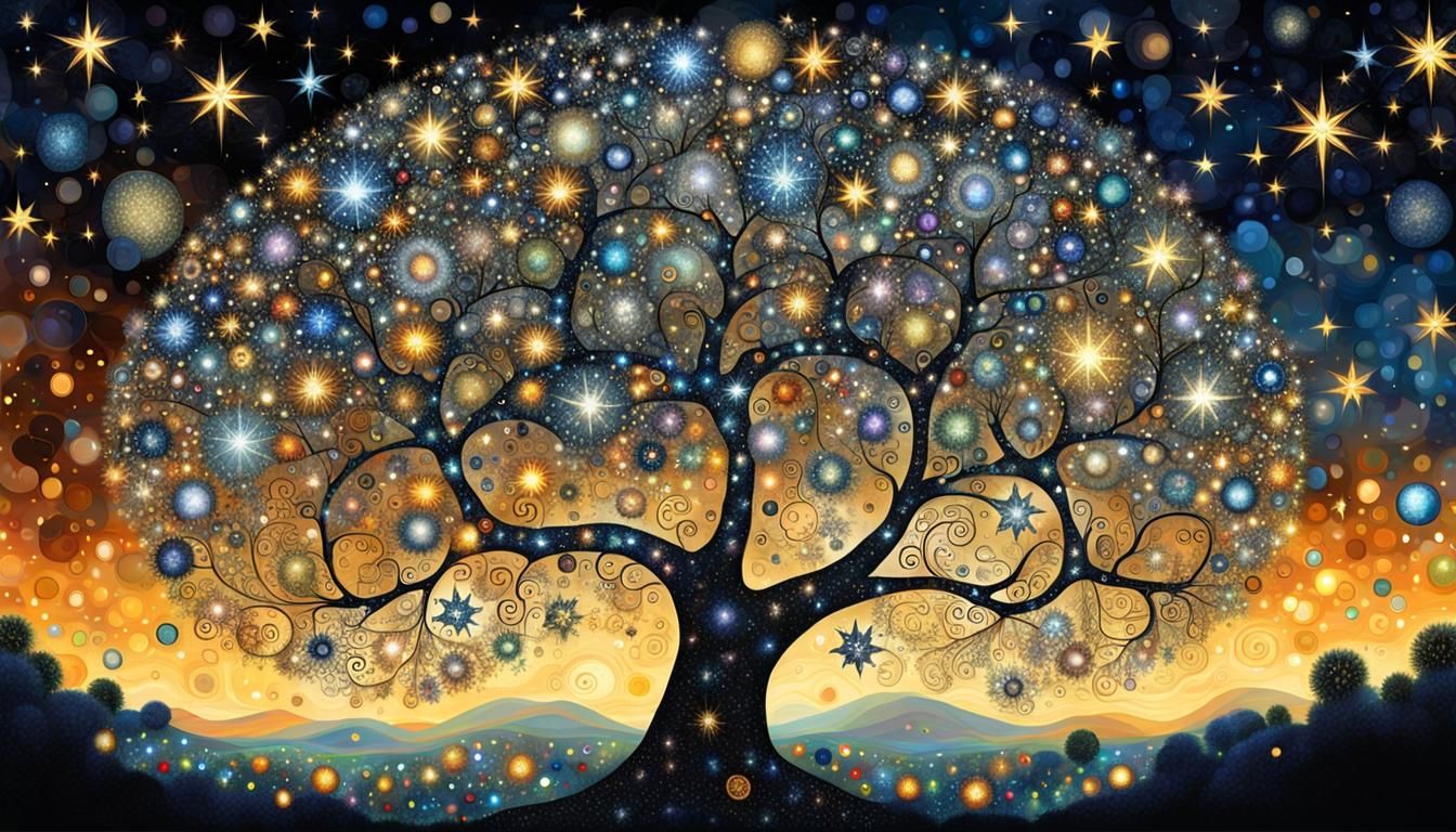 Star Tree in Cosmic Scene, Klimt Style
