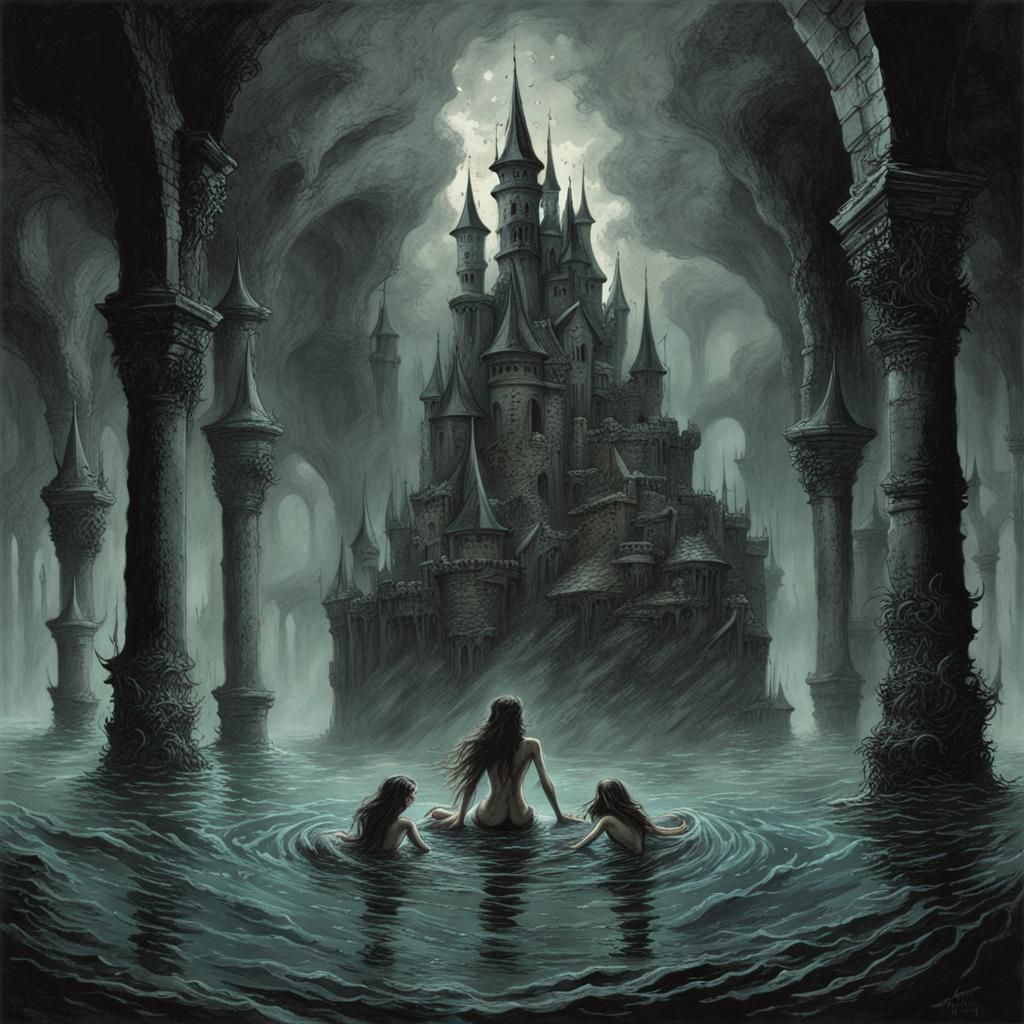 Underwater Horror Castle with Mermaids in Doré Style