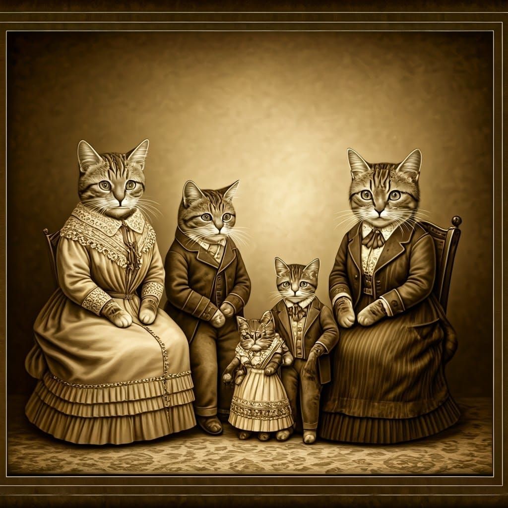 Victorian Cats' Sepia Family Portrait in Arthur Rackham Styl...