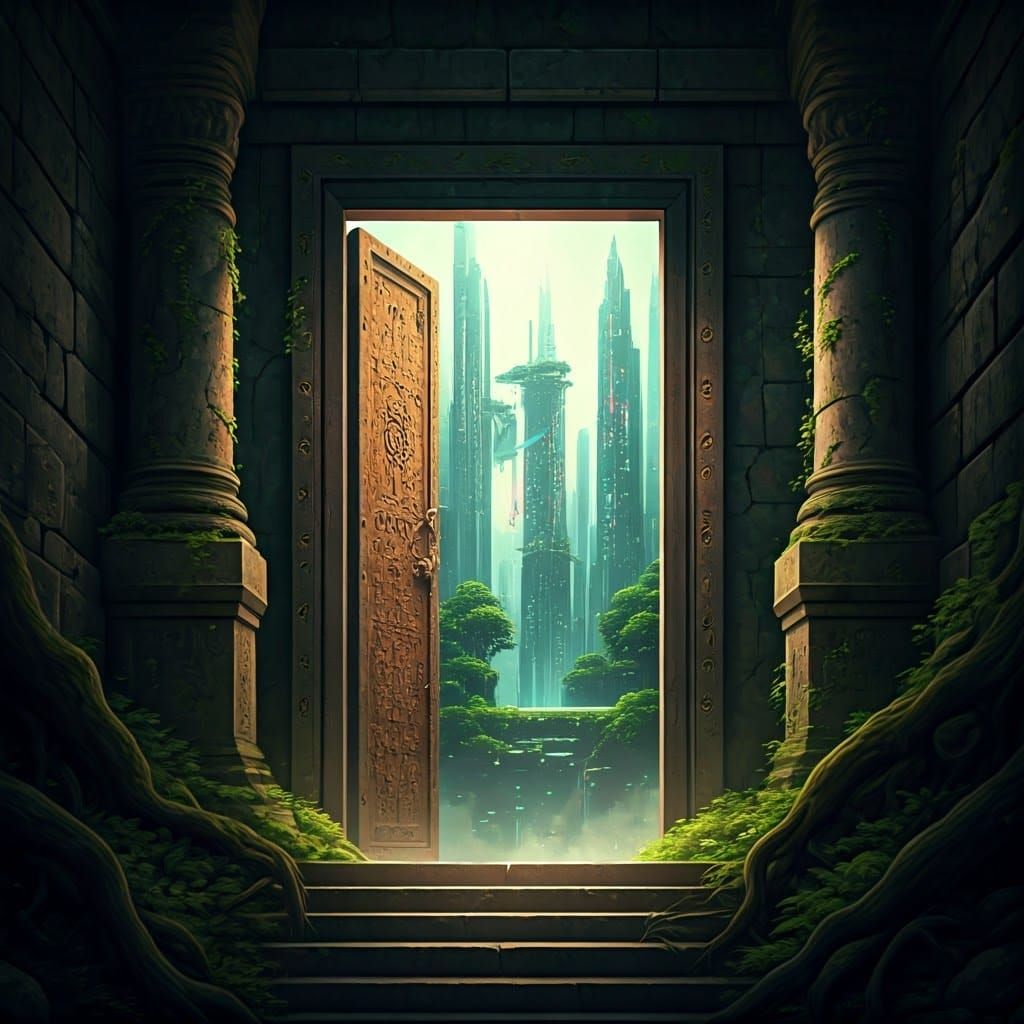 In an ancient, crumbling stone door opened cyber world
