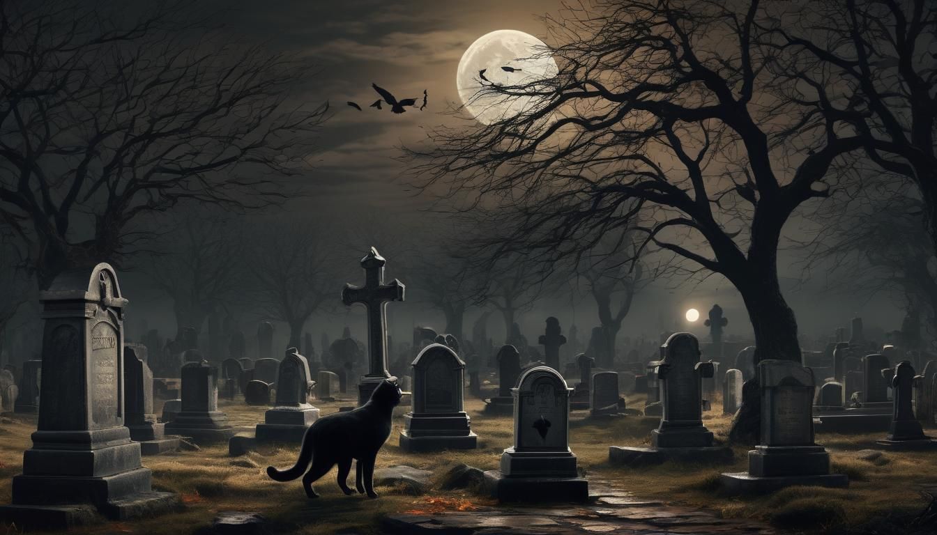 Black Cat in Graveyard Under Full Moon