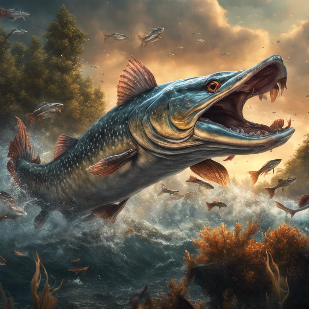 Giant Northern Pike Hunting, Detailed Digital Painting