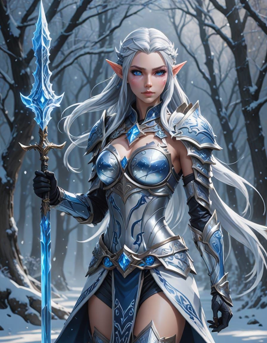 Ice Elf Warrior with Crystal Spear in 3D Anime Style