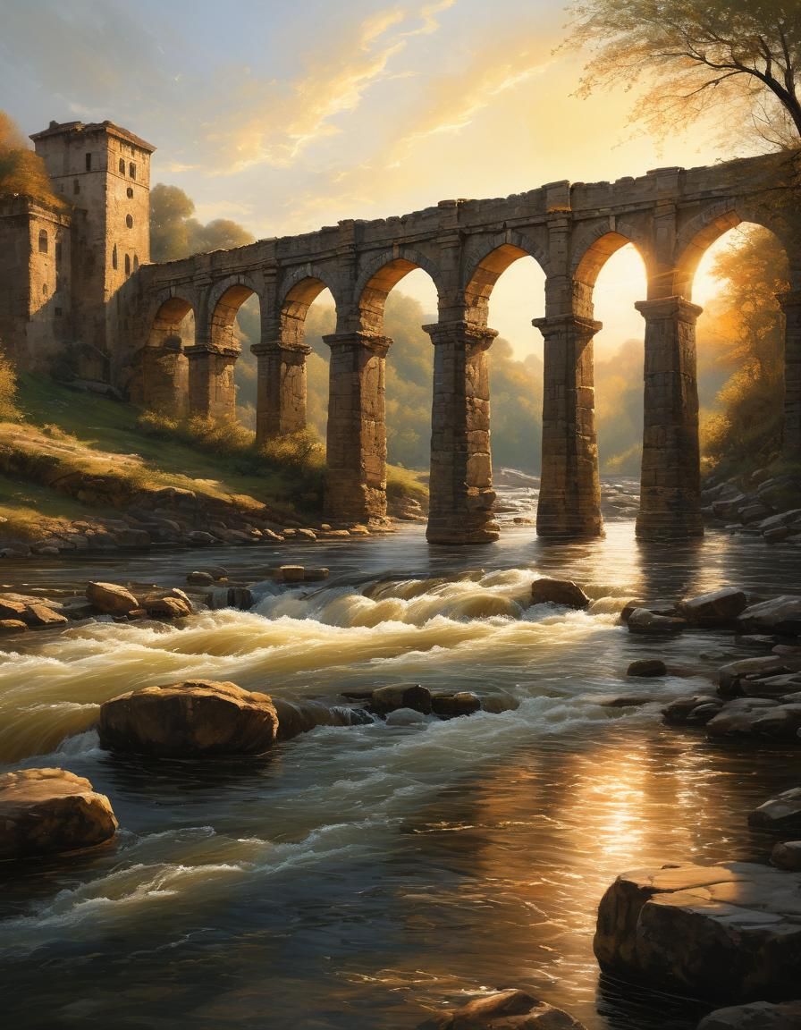 Majestic Stone Bridge at Golden Hour in Oil