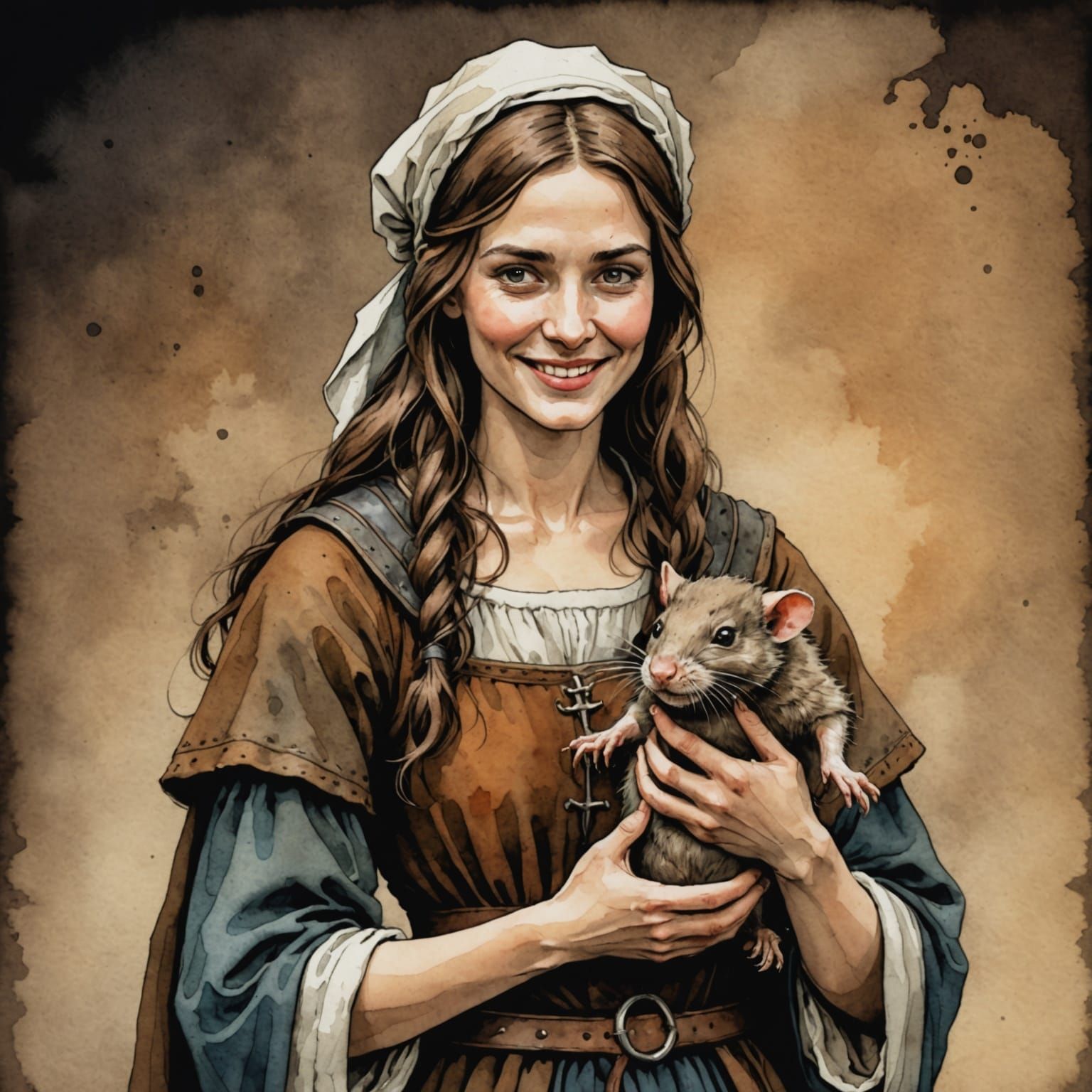 Smiling Medieval Hag with Rat, Watercolour Comic Art