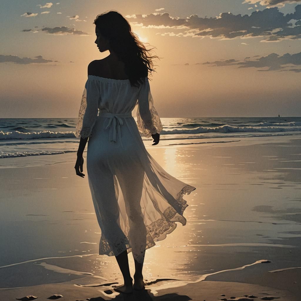 Hyperrealistic Silhouette of a Woman on Beach at Dusk