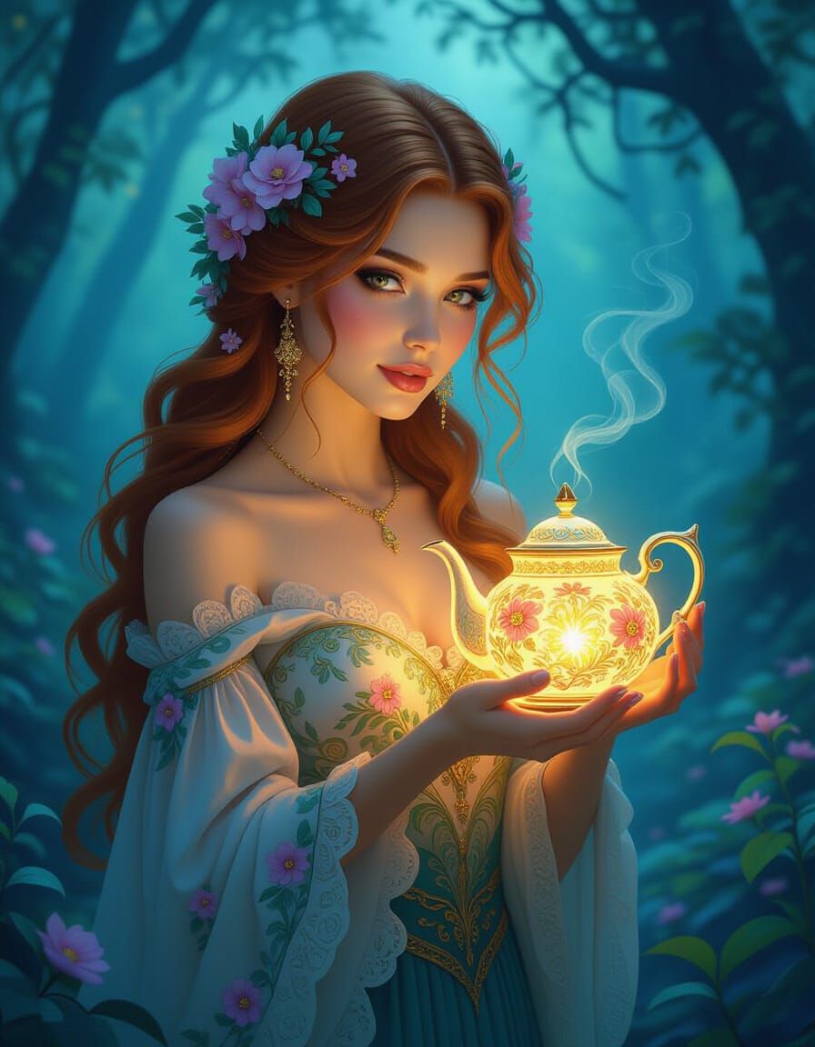 Mystical Woman with Floral Hair Holding Glowing Teapot