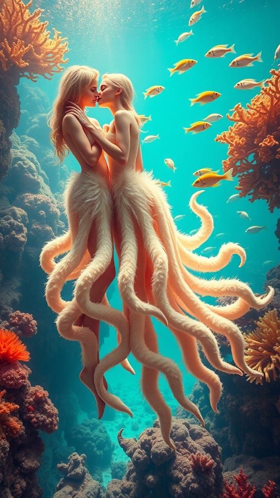 full body shot of 2 lovely sweet hugging delicate lovely women are deep down in a tropic sea hovering over a beautiful c...