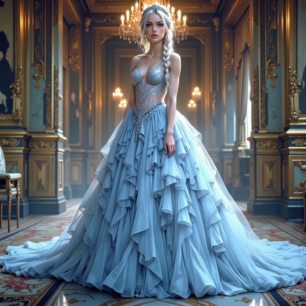 Platinum Blonde Woman in Blue Gown in Palace Ballroom
