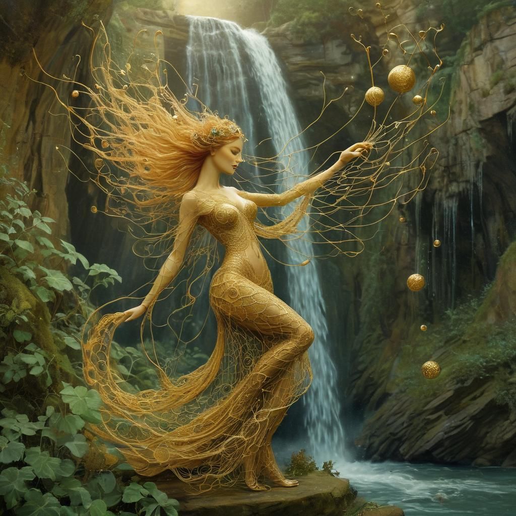 Nymph Dancing with Fox Kit, Art Nouveau Style