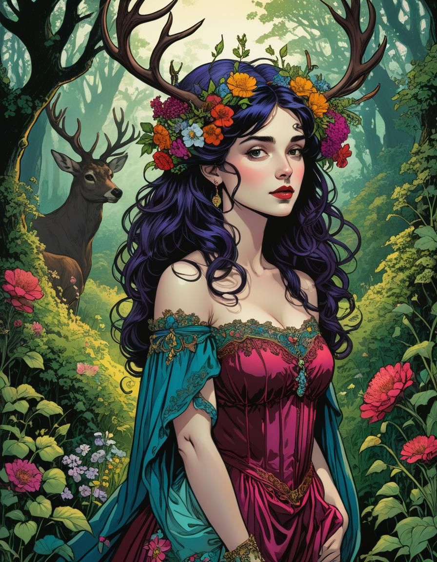 Vibrant Woman with Antlers in Jewel Tones