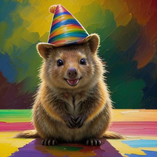 Quokka in Party Hat, Oil Painting by Gurney