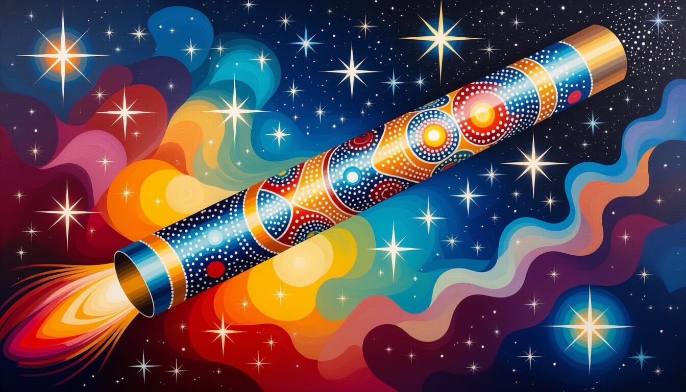 Metallic Cylinder Soars Through Starry Galaxy as Dot Paintin...