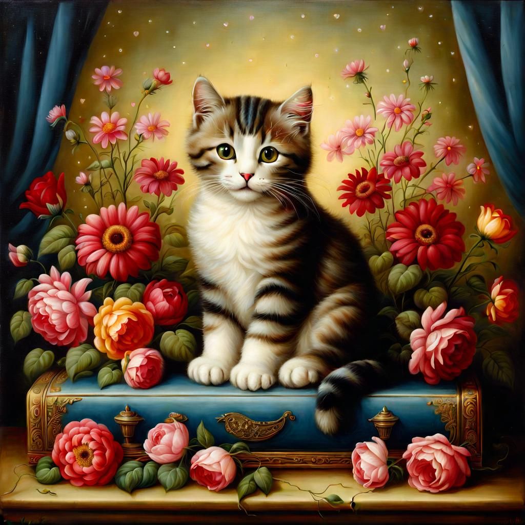 Cat on Pillow Surrounded by Flowers