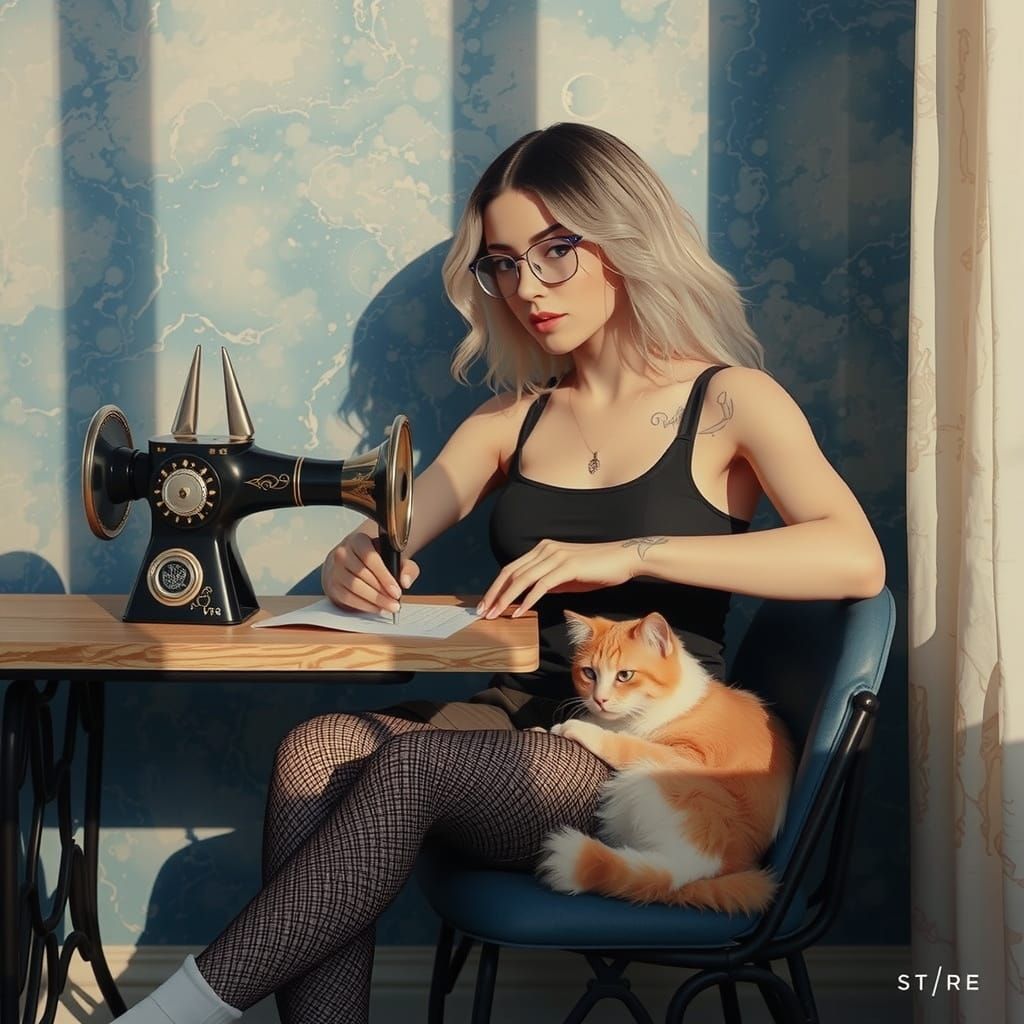 A beautiful tall mixed race woman with long, flowing white hair, adorned with delicate floral tattoos on her arms, layin...