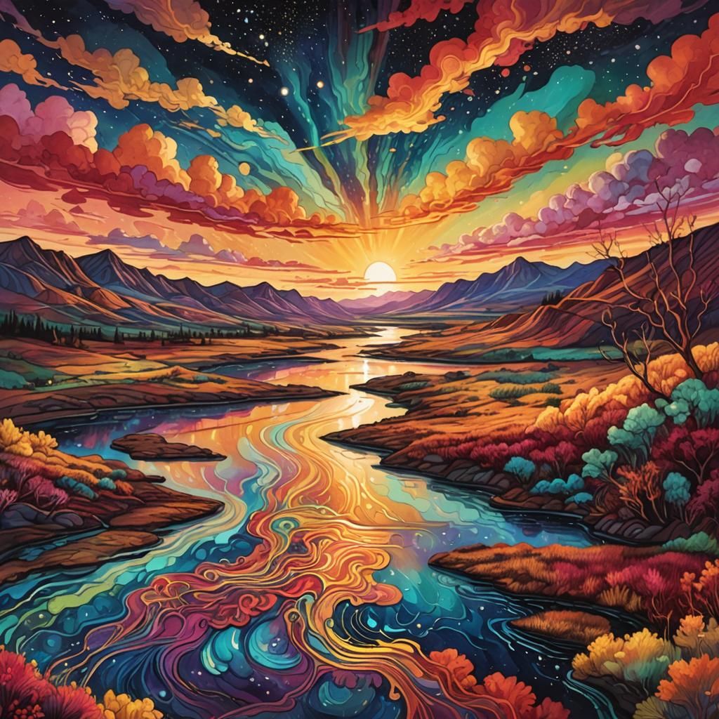 Cosmic River Reflects Iridescent Sunset: Visionary Art