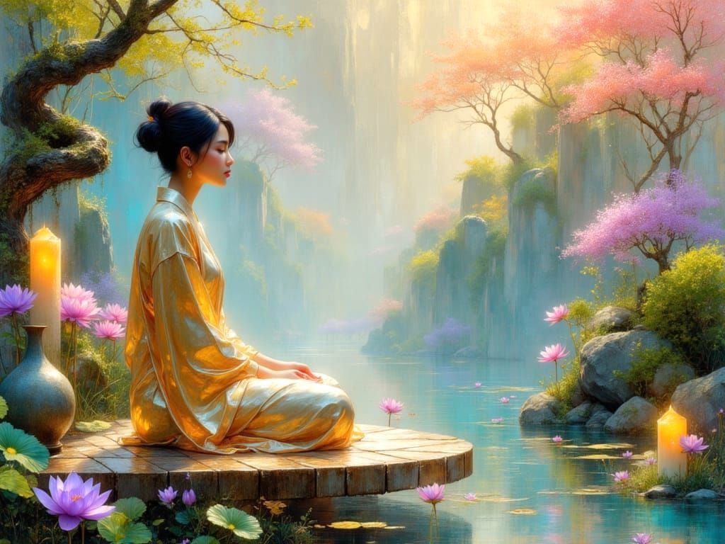 Meditative Japanese Model in Lush Bonsai Garden