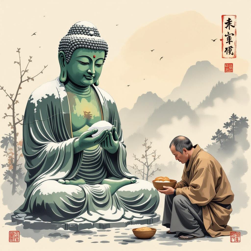 Buddha and Beggar in Ukiyo-e Japanese Landscape