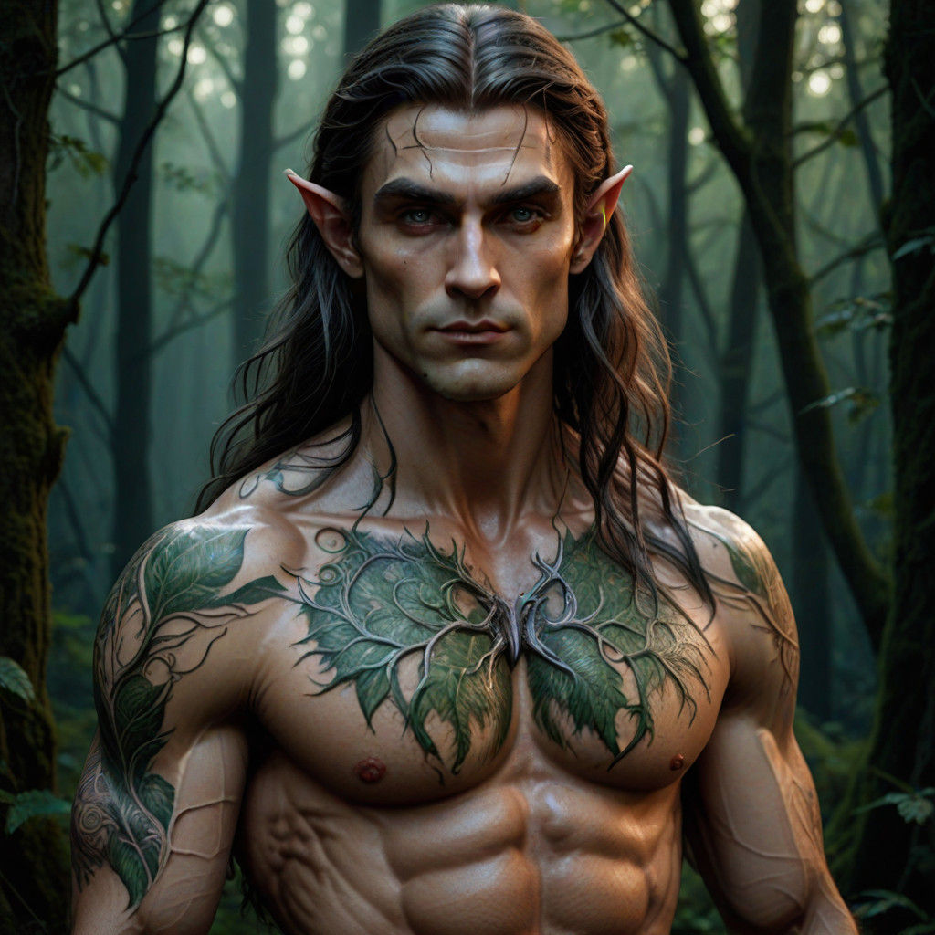 Hyperrealistic Male Elf in Dark Fairy Tale Setting