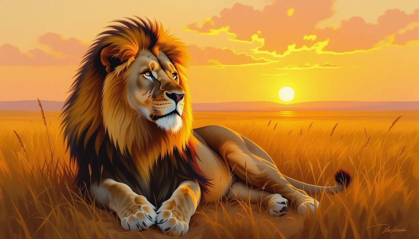 Majestic Lion Oil Painting in Golden Savannah Light