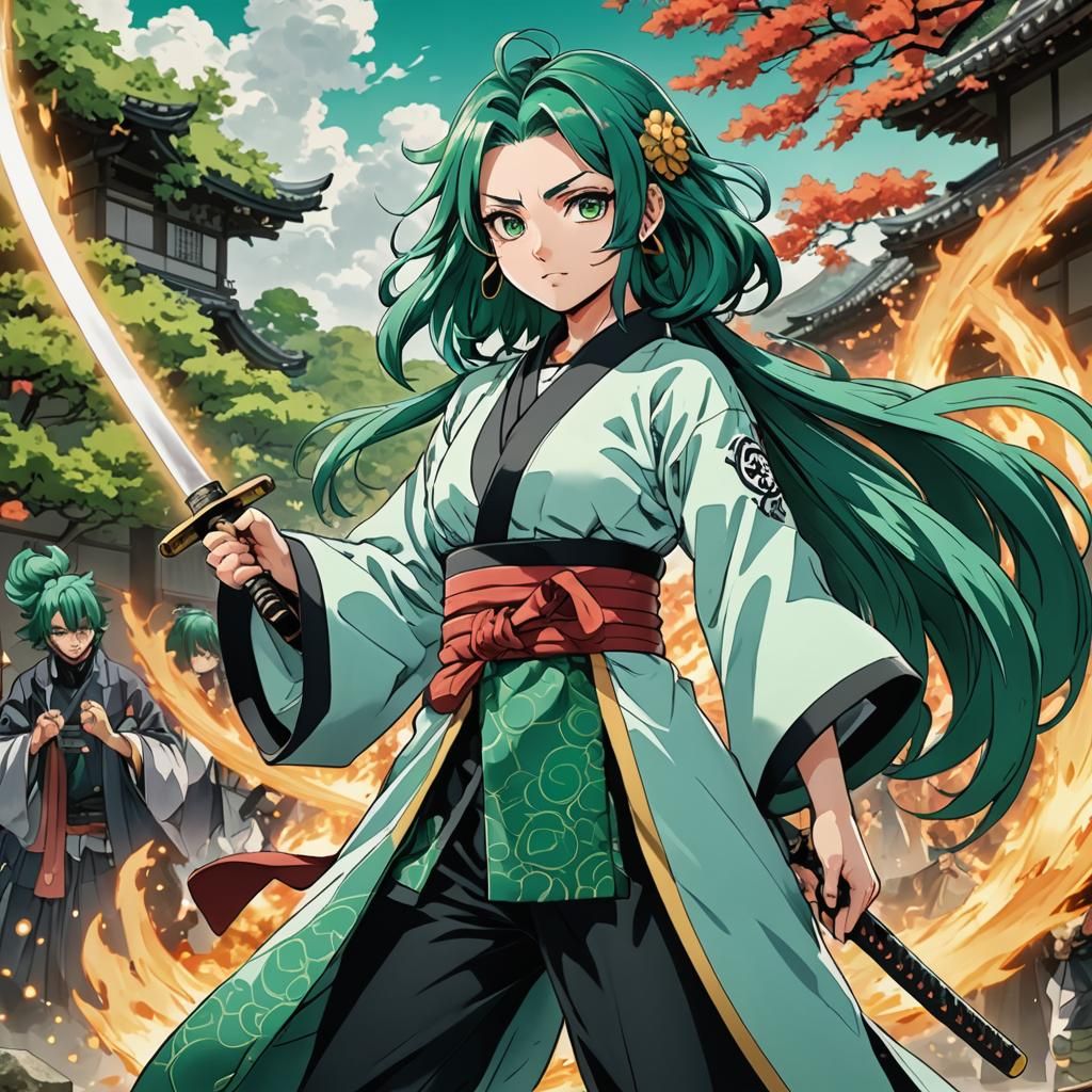 Green-Haired Slayer: Anime Style Manga Illustration