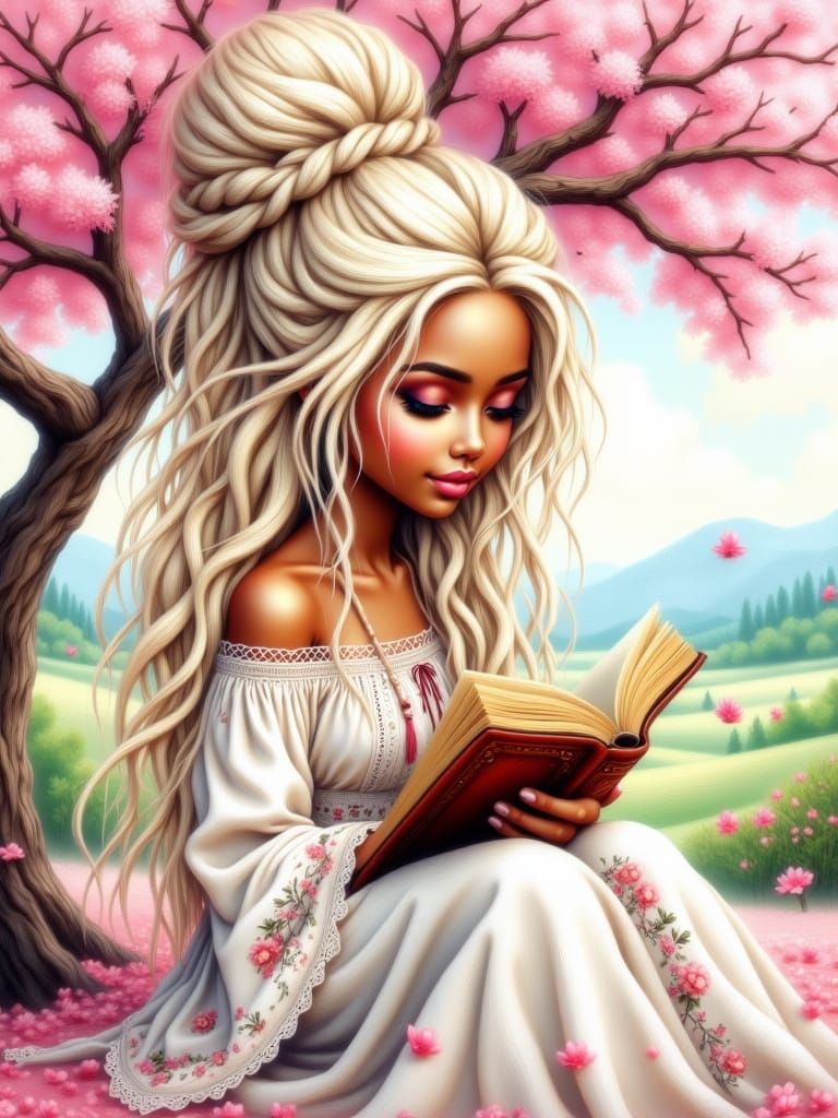 Chibi African-American Girl in Cherry Blossom Landscape