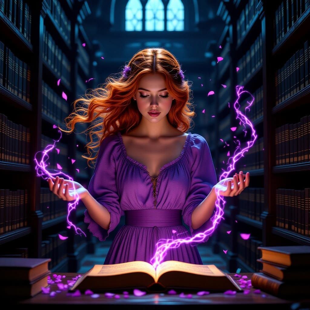 Enchanted Librarian in Fiery Orange Hair and Purple Linen, a...