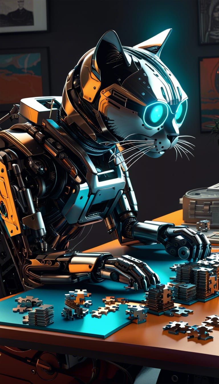 Fritz the Robot Cat making a Puzzle