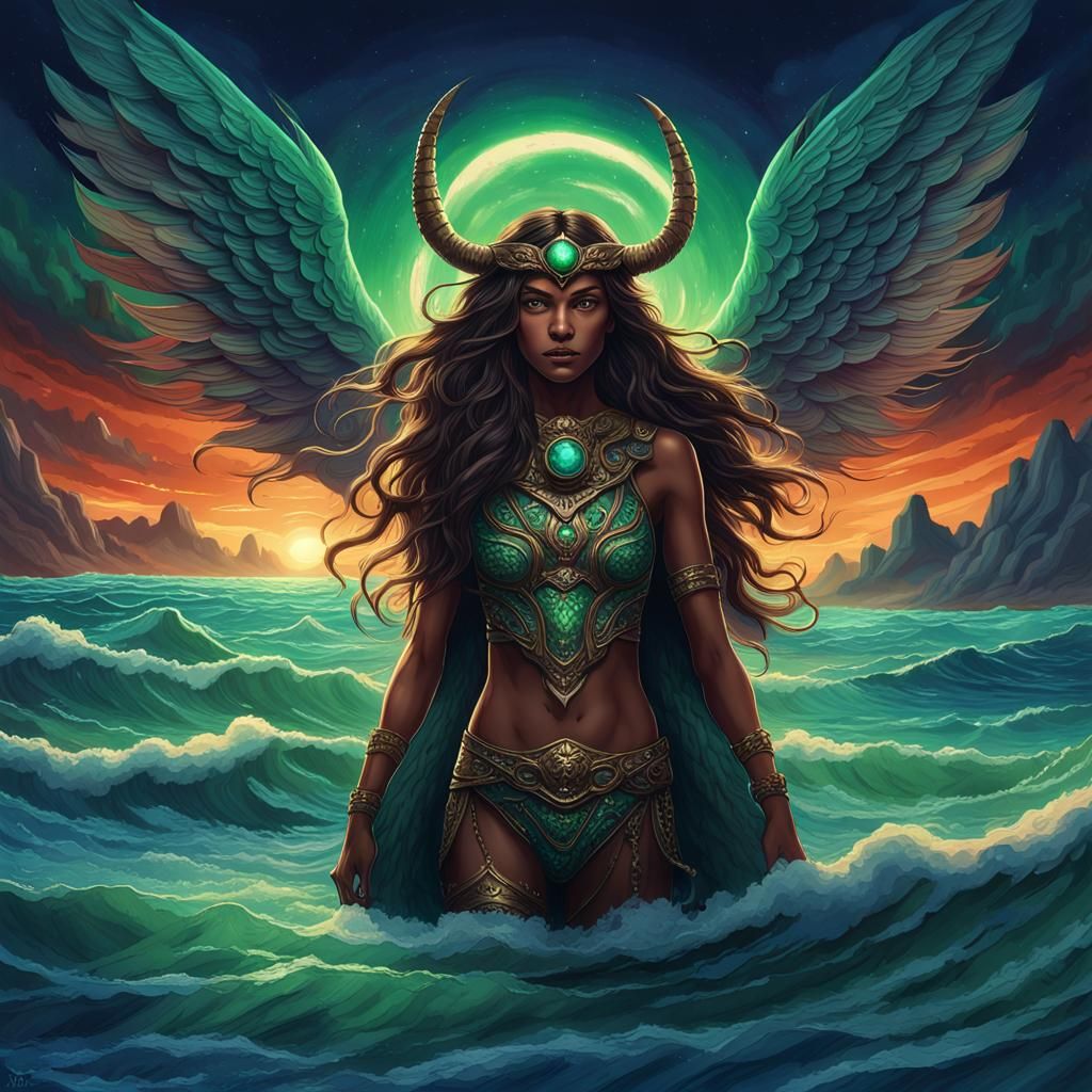 Valkyrie with Radiant Wings Under Aurora Borealis